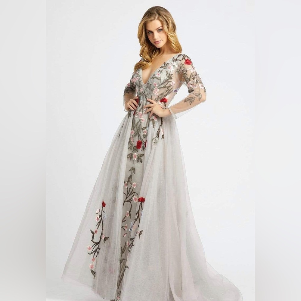 Mac Duggal Floral Embellished Dress in Cream and Red - Picture 5 of 10